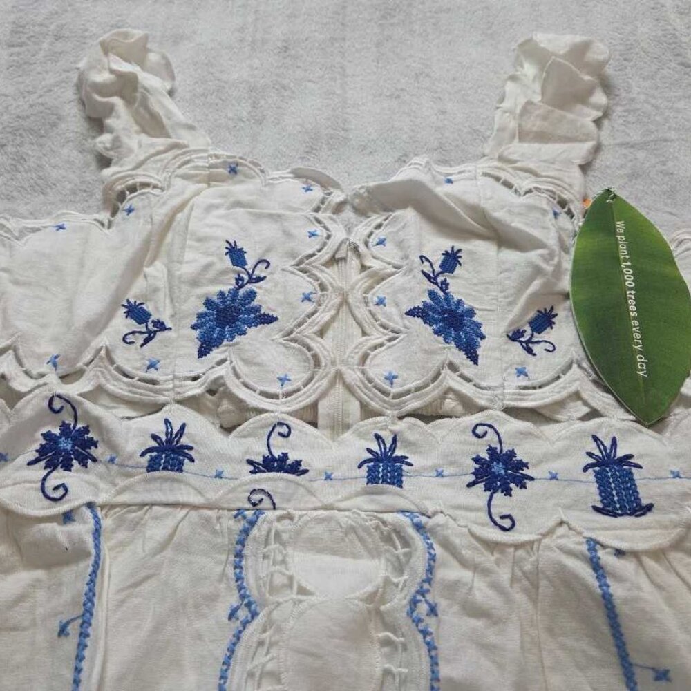 New L Farm Rio x Anthropologie cross-stitch Richelieu linen-blend dress white - Picture 6 of 12